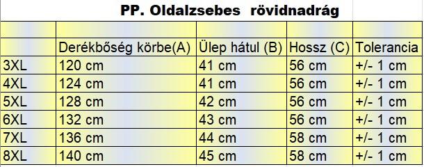 PP.Street bézs nagyméretű férfi oldalzsebes rövidnadrág mérettáblázata2